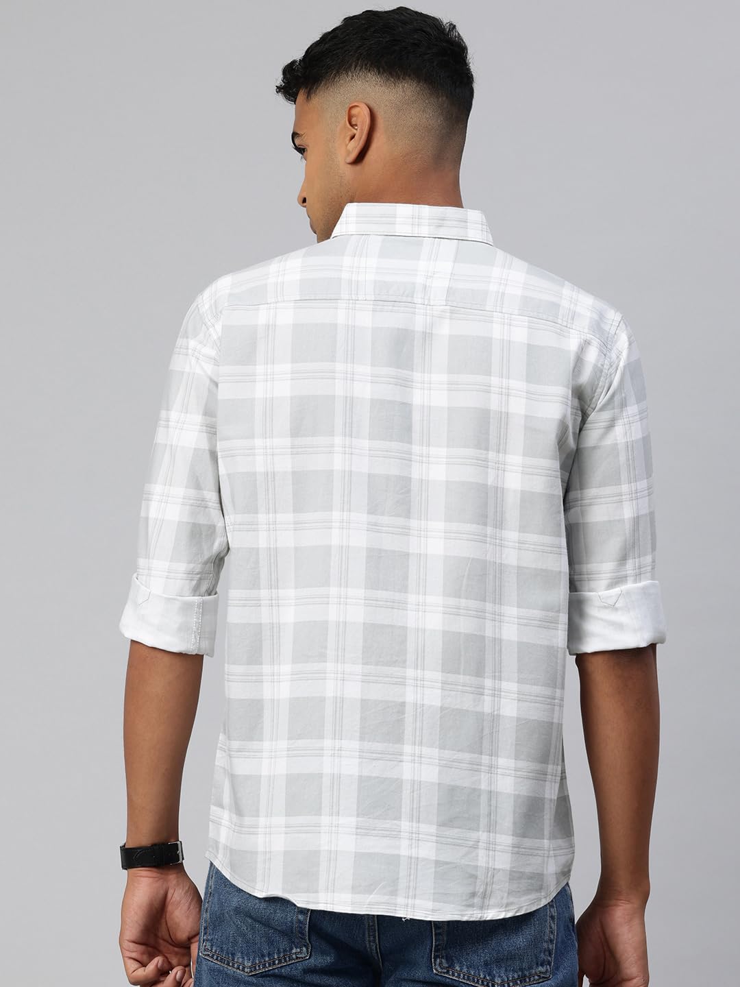 Majestic Man Checked Cotton Shirt for Men - Light Grey - Image 4