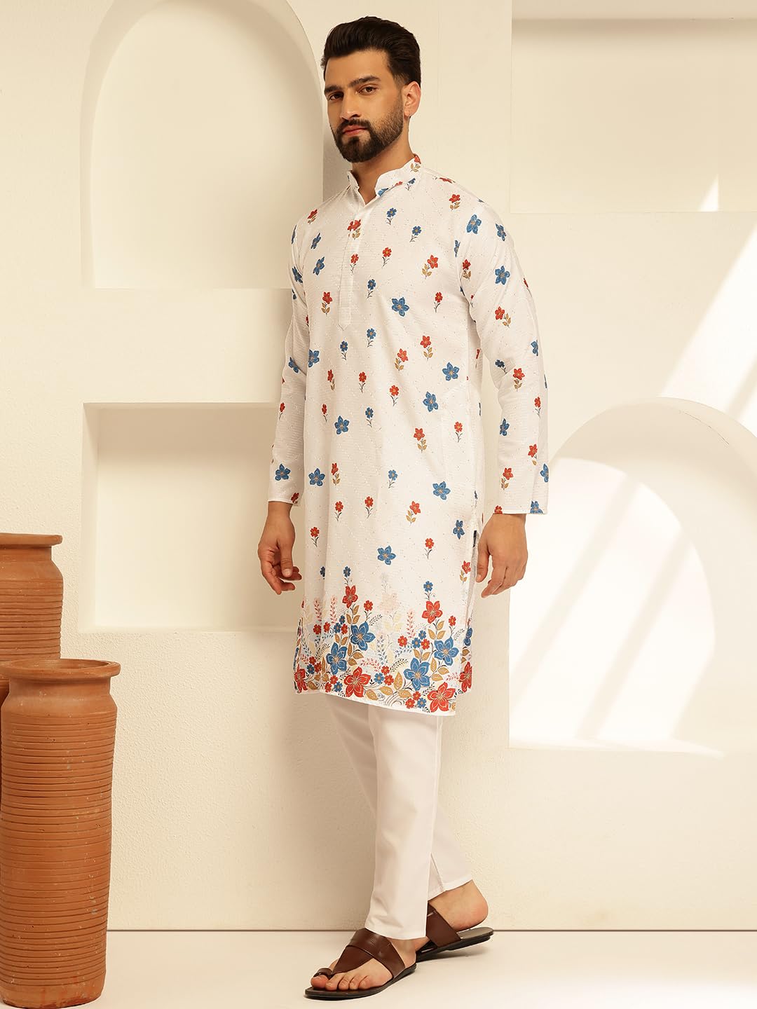 SOJANYA Men's White Cotton Kurta Pyjama Set - Image 3