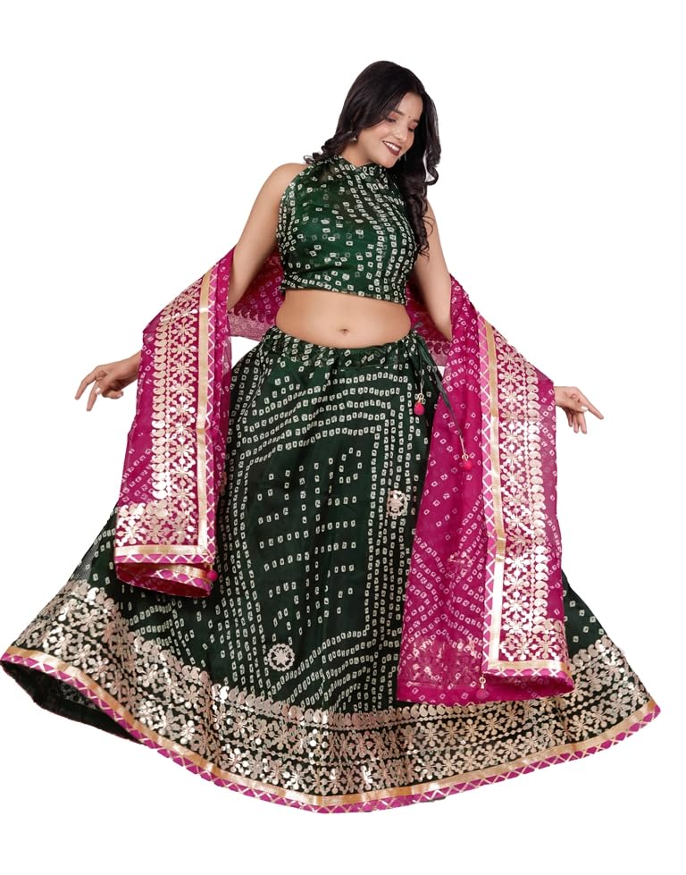 Kota Doria Bandhani Lehenga Choli - Green Pink
