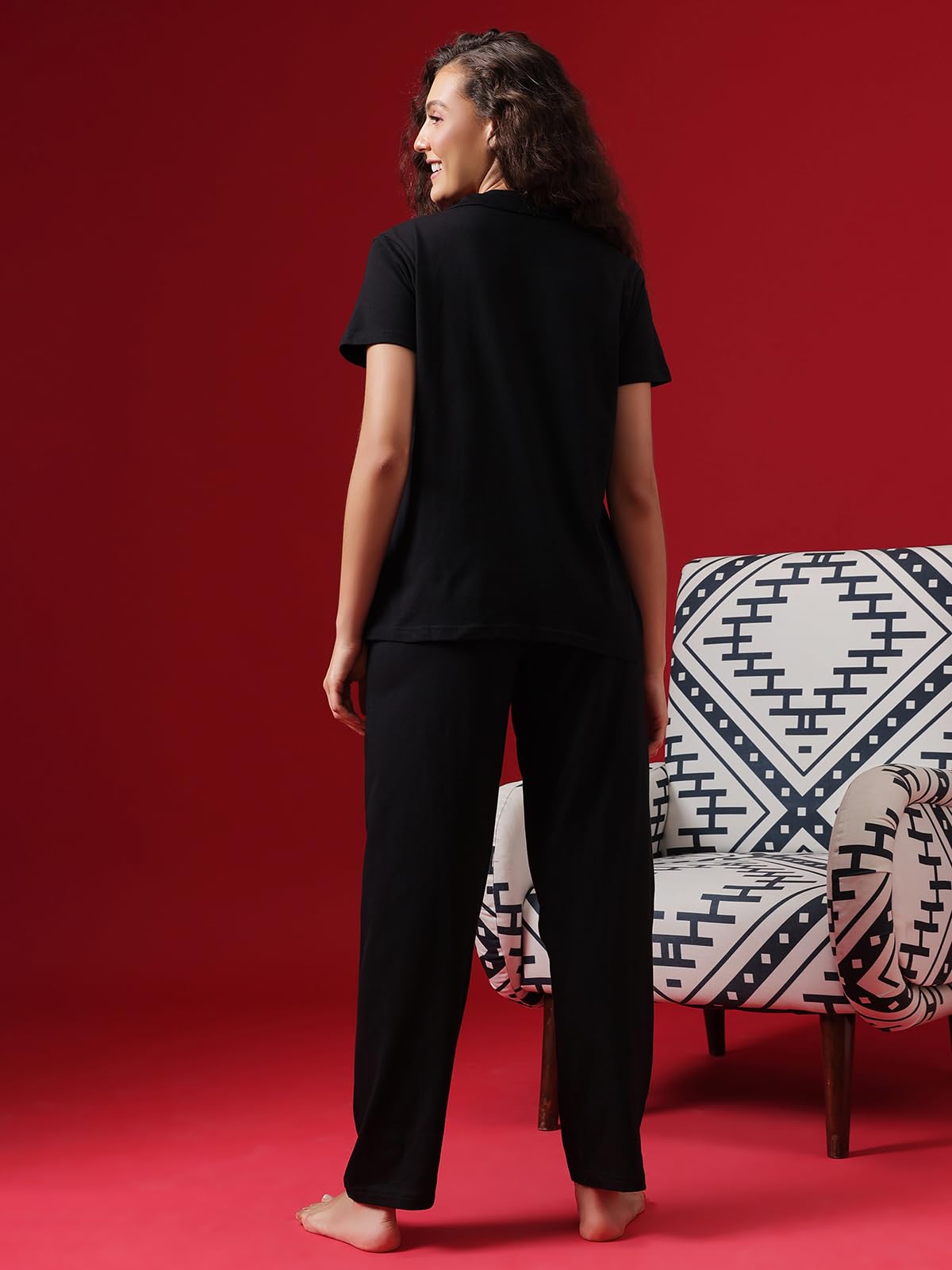 Clovia Women's Cotton Printed Shirt & Pajama Set - Black - Image 5