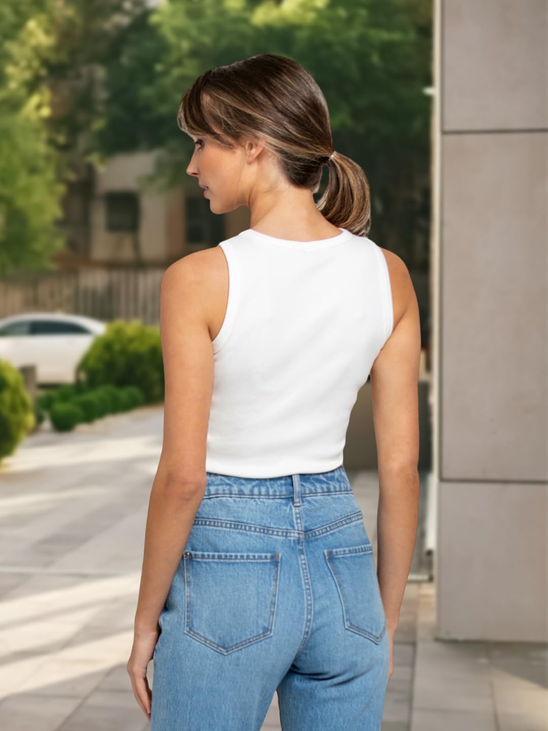 UNICUS Women Solid Ribbed Crop Tank Top - White - Image 2