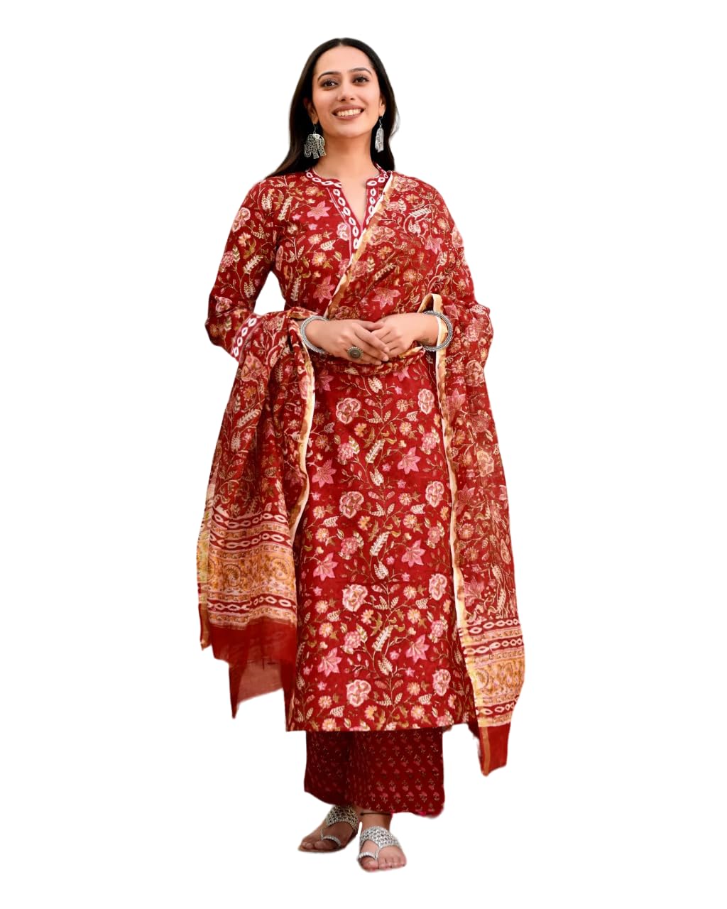 FABNEX Red Embroidered Kurta Pant Set for Women