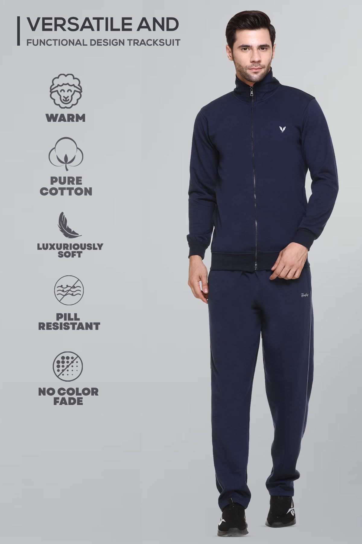 GODFREY Men's Zipper Tracksuit - High Neck Full Sleeve Cotton Fleece - Image 3