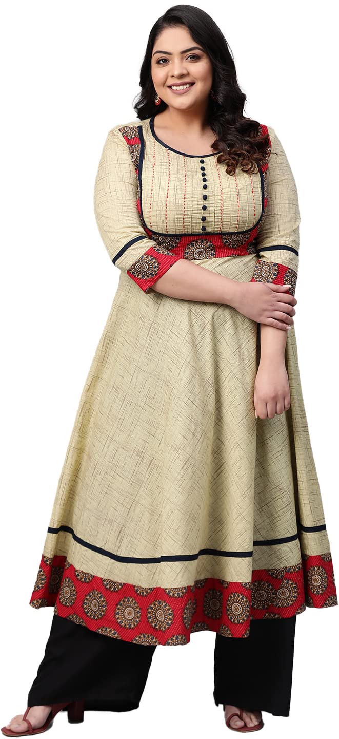 Yash Fashion Anarkali Kurta for Women - Beige Cotton - Image 2