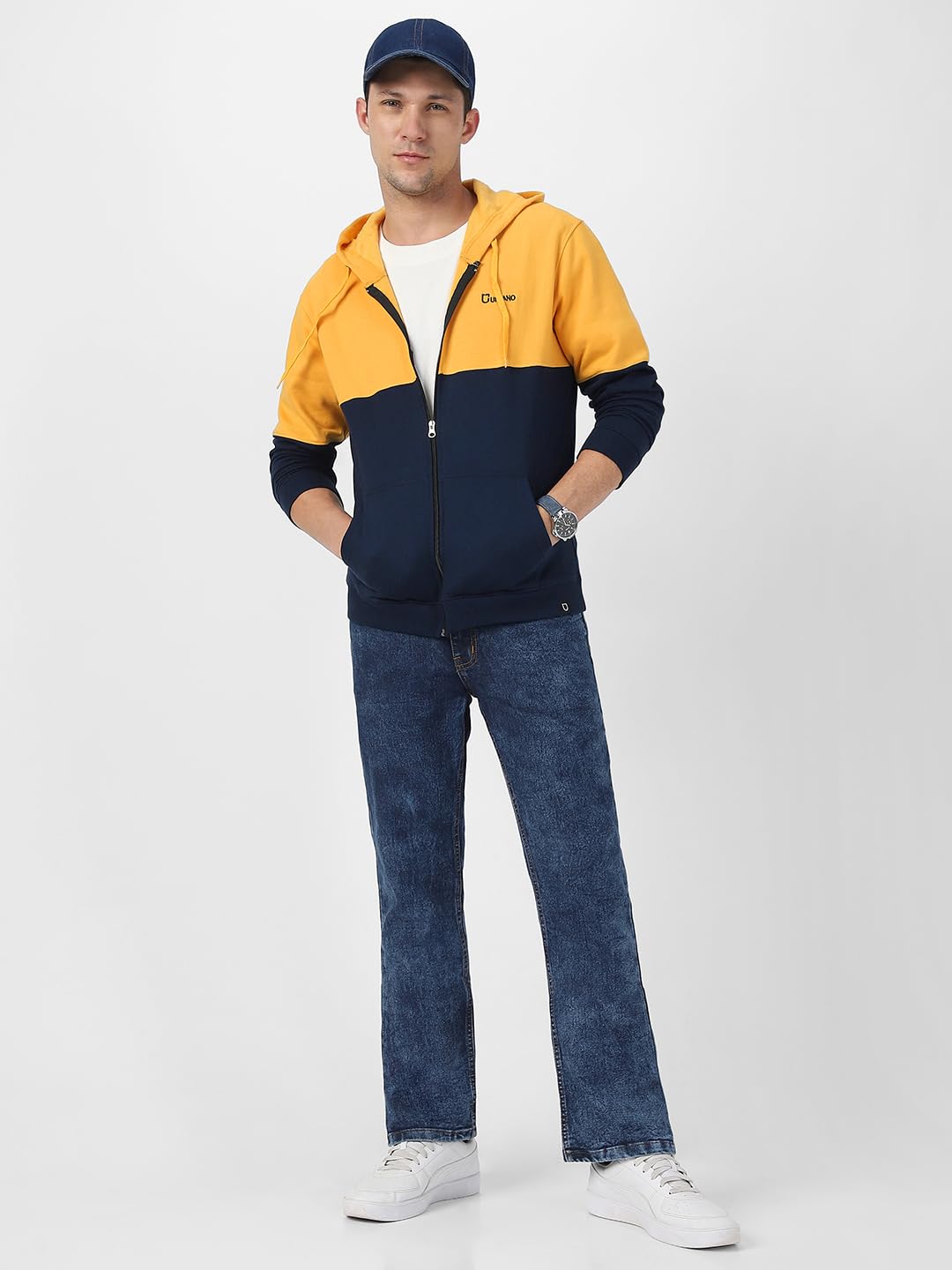 Urbano Men's Yellow Navy Color Block Cotton Hooded Sweatshirt - Image 5