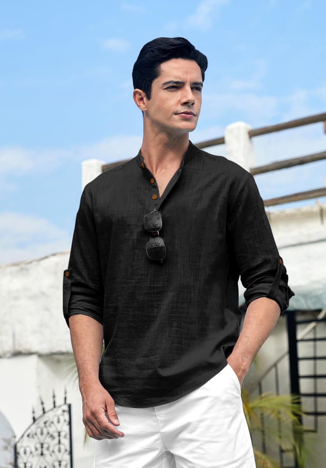 Zombom Men's Kurta Shirt - Black Brown Cotton Blend - Image 4