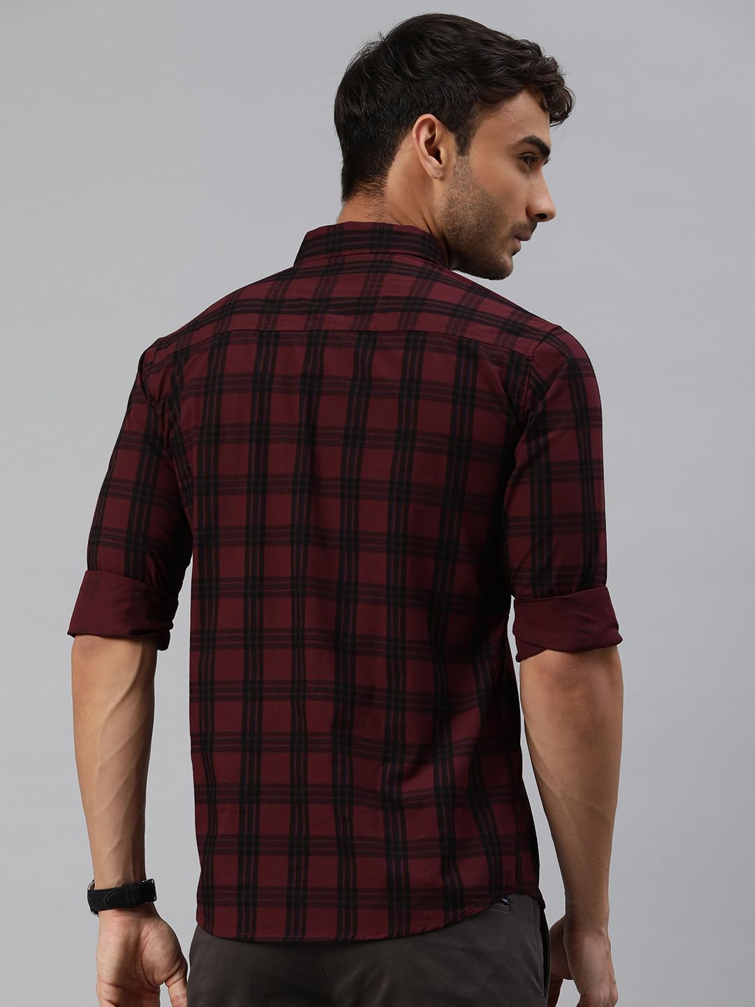 Majestic Man Checkered Cotton Shirt for Men - Magenta - Image 3