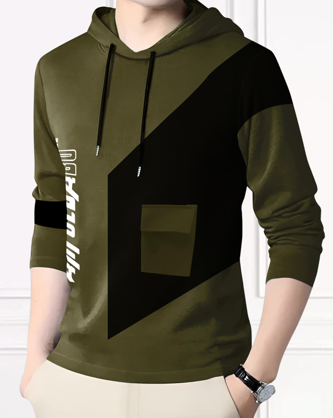 AUSK Men Cotton Blend Hoodies T-Shirt - Olive - Image 3