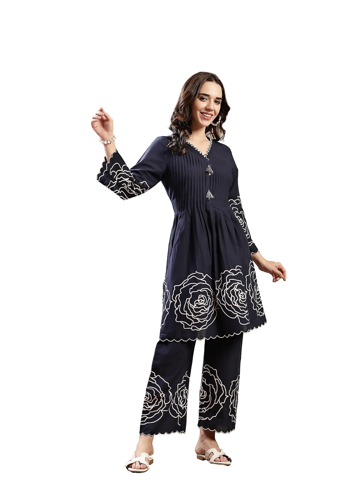 Navy Blue Embroidered Cotton Kurti Pant Set for Women
