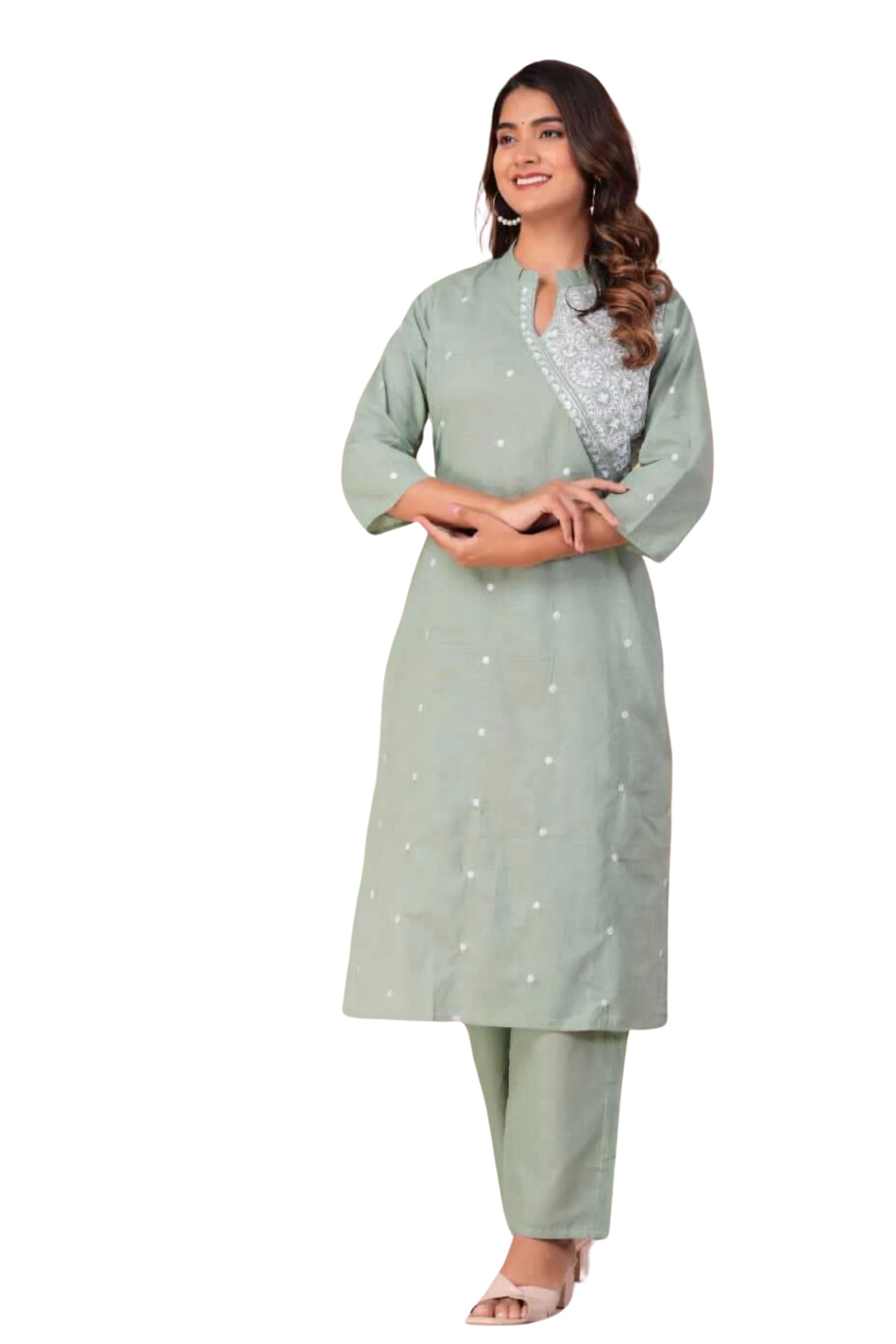 FABNEX Cotton Blend Kurta Set for Women - Pista