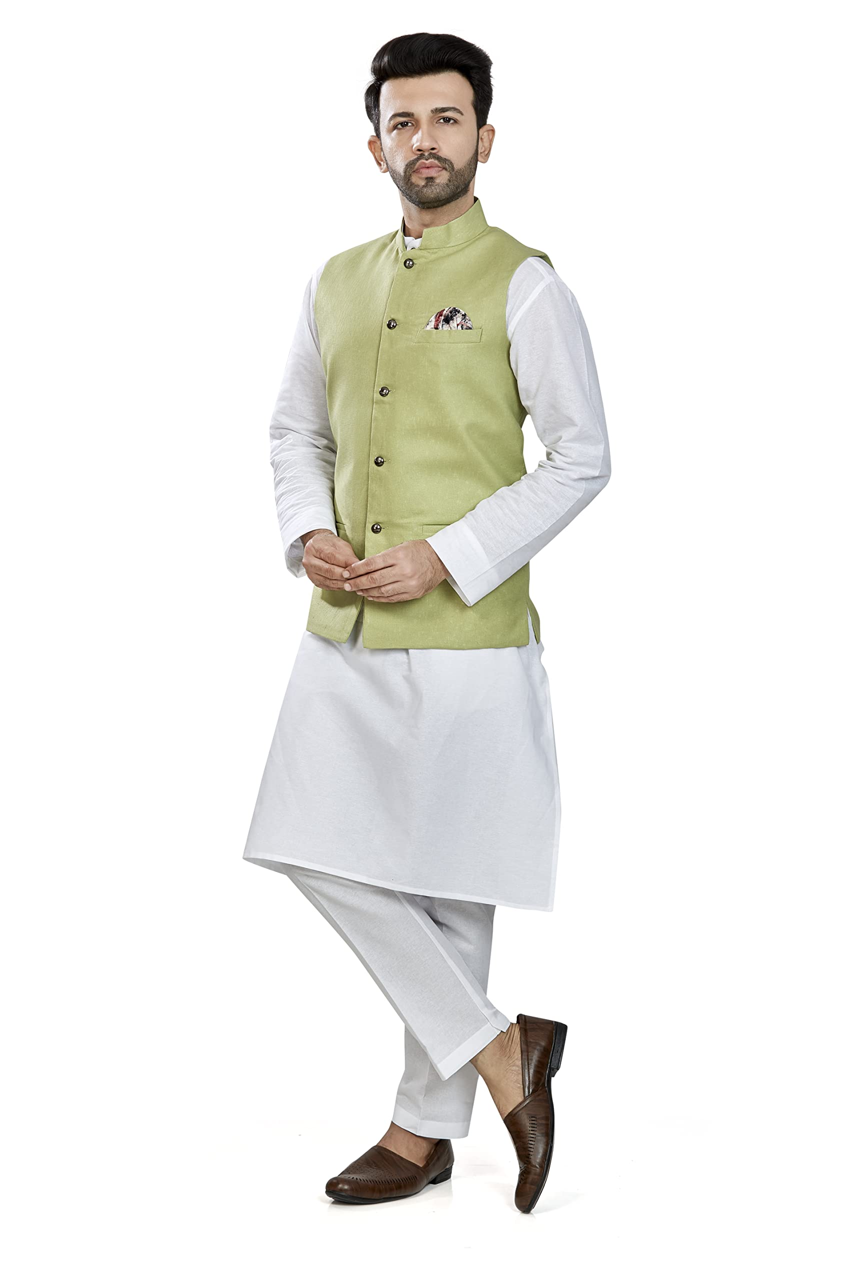 Linen Blend Nehru Jacket for Men - Olive Green - Image 2