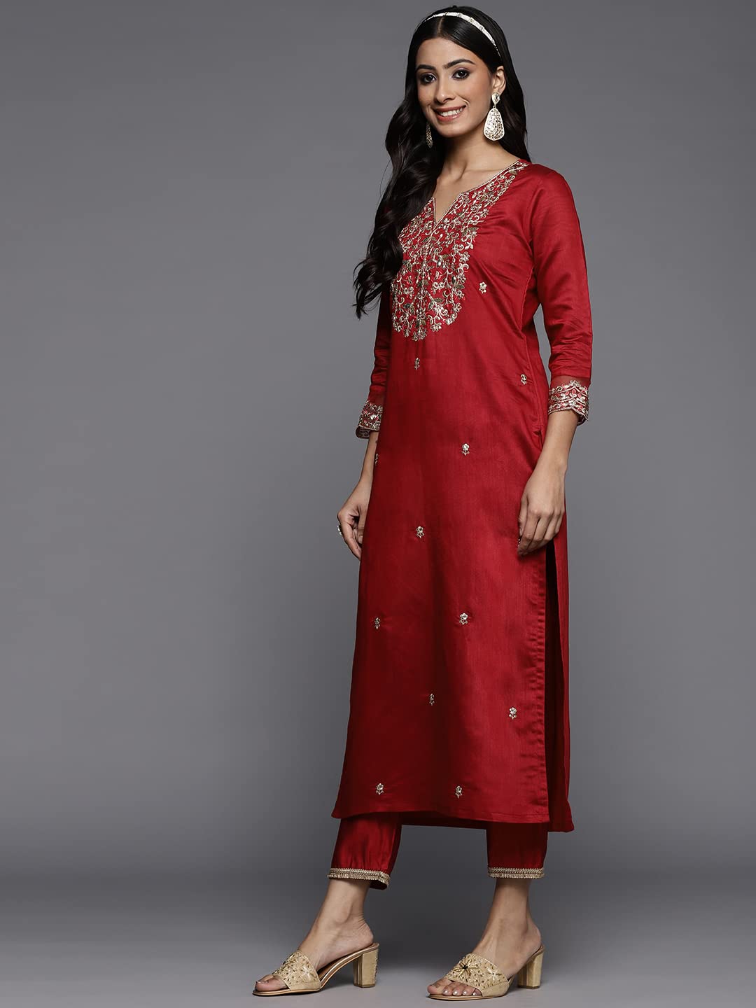 INDO ERA Red Rayon Viscose Embroidered Kurta Set for Women - Image 3