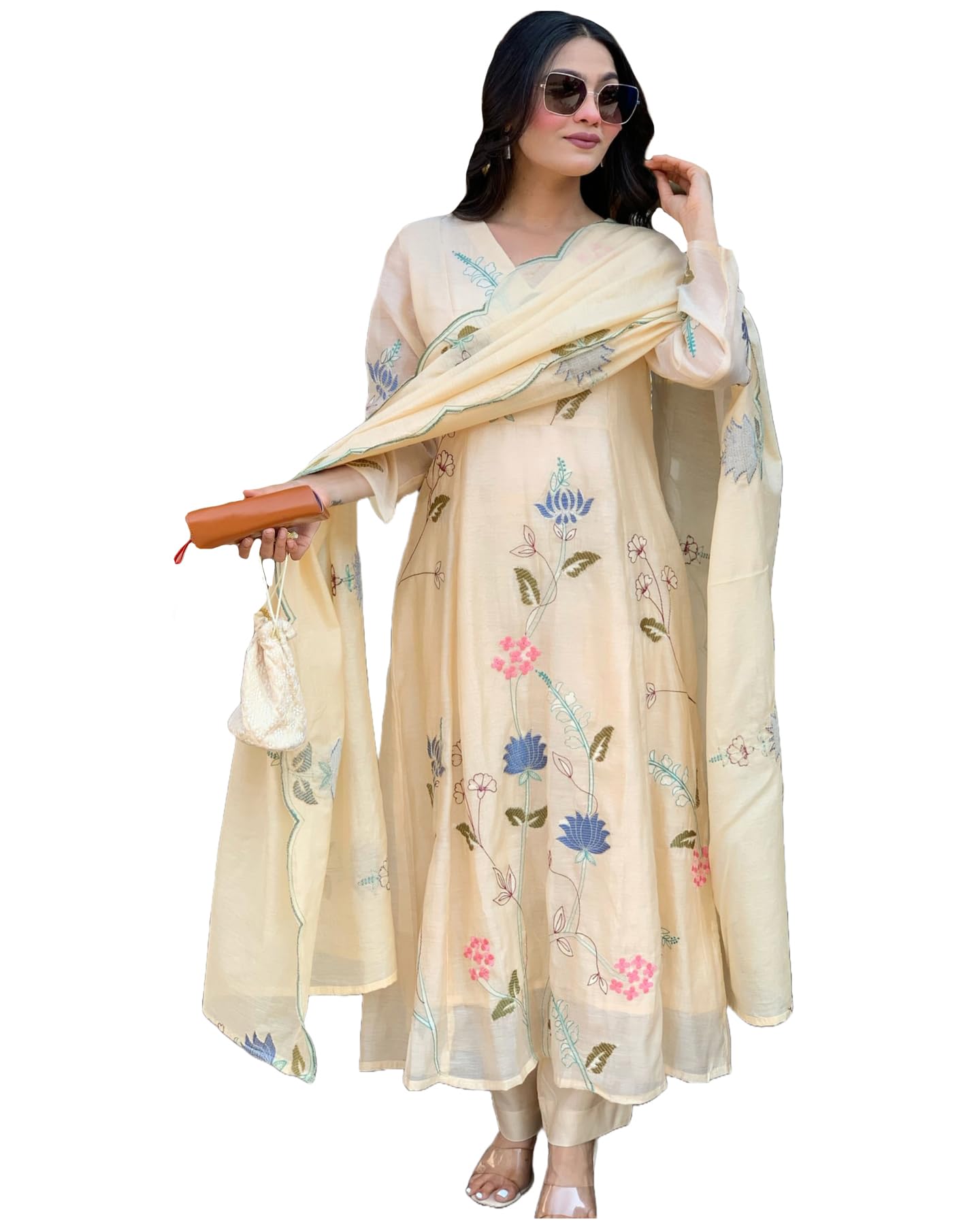 GoSriKi Chanderi Cotton Anarkali Kurta Set