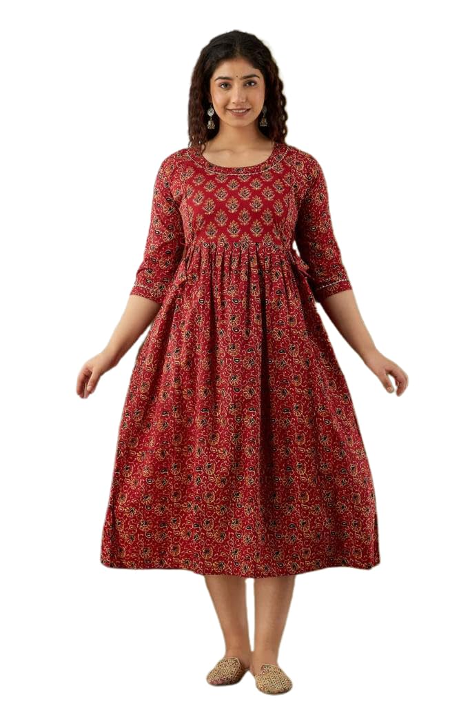 GarbGlide Women's Maternity Anarkali Kurti - Red