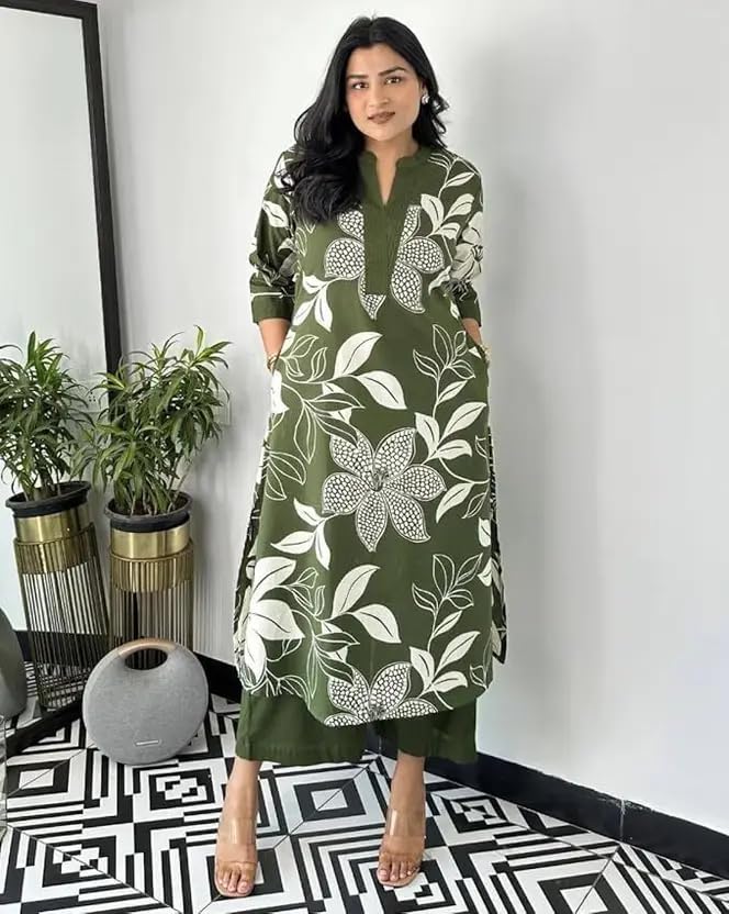 MEERA FAB Green Cotton Kurta Set for Women - Image 3