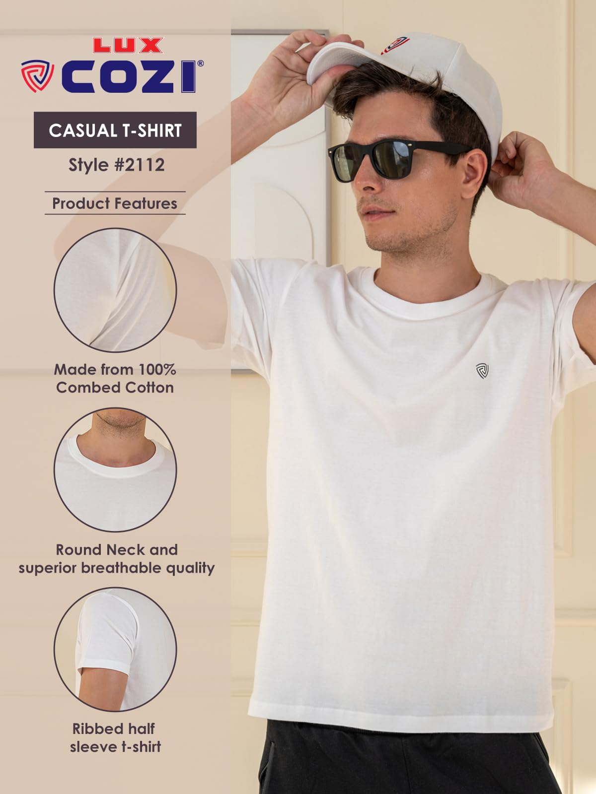 Lux Cozi Men's Black and White Round Neck T-Shirt - Image 3