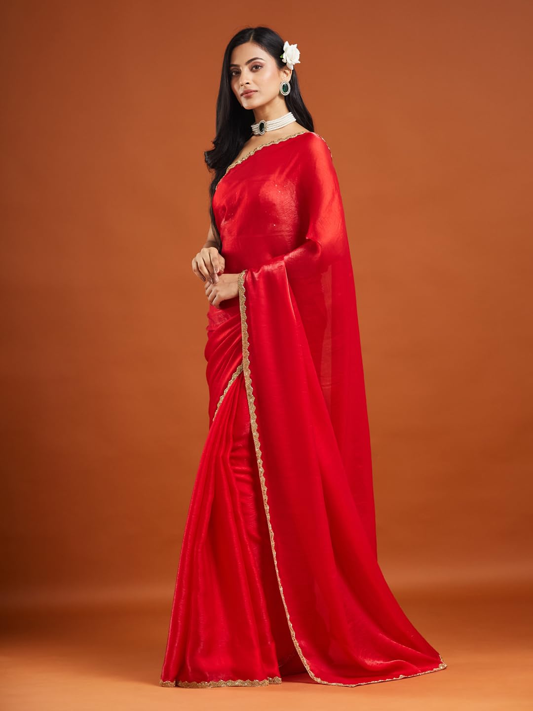 LOROFY Women's Two Tone Chiffon Saree - Red - Image 3