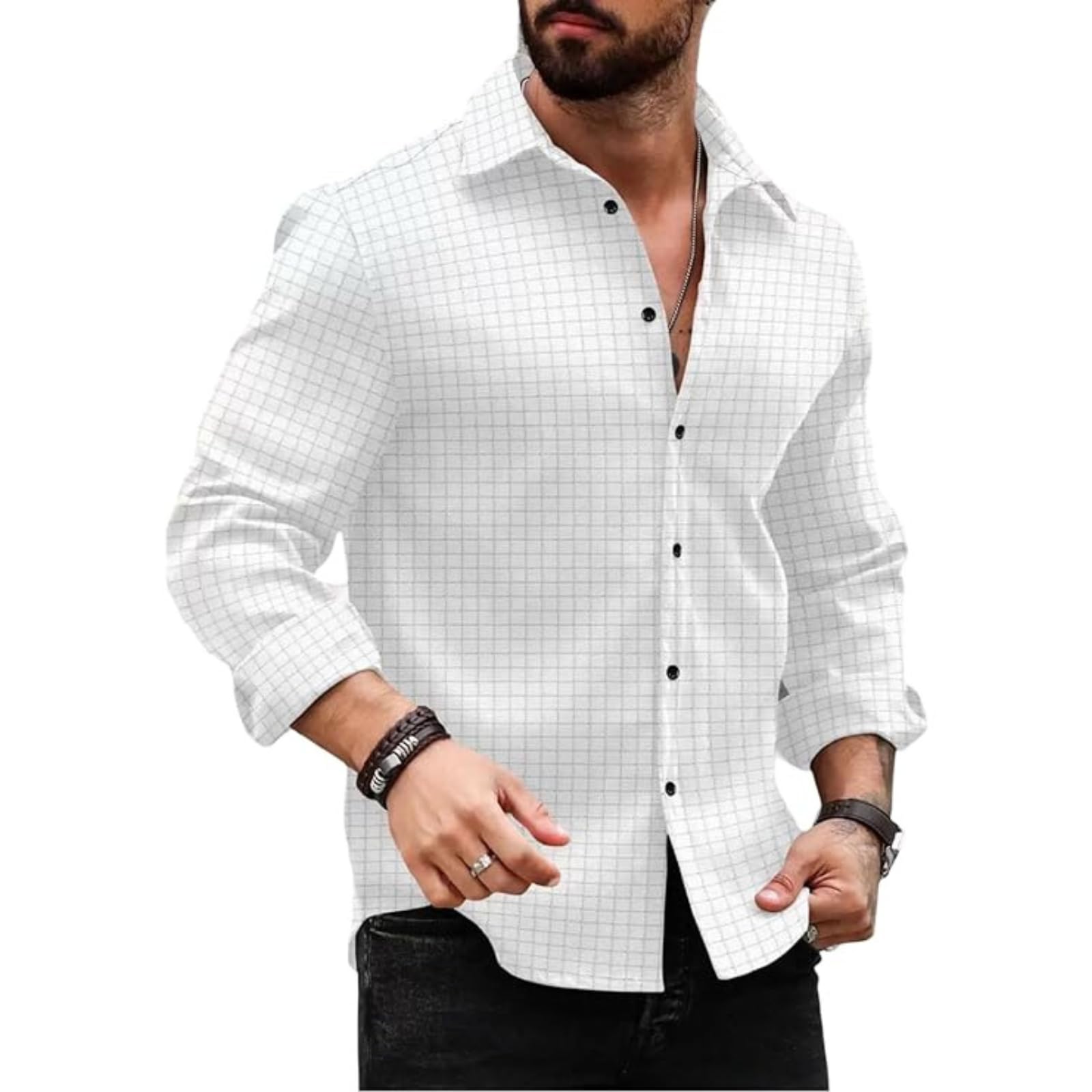 DEELMO Men Button Down Dress Shirt - White