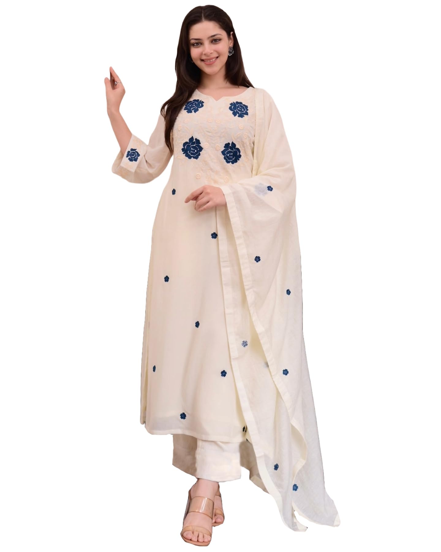 GoSriKi Women's Embroidered Kurta with Pant & Dupatta - Cream