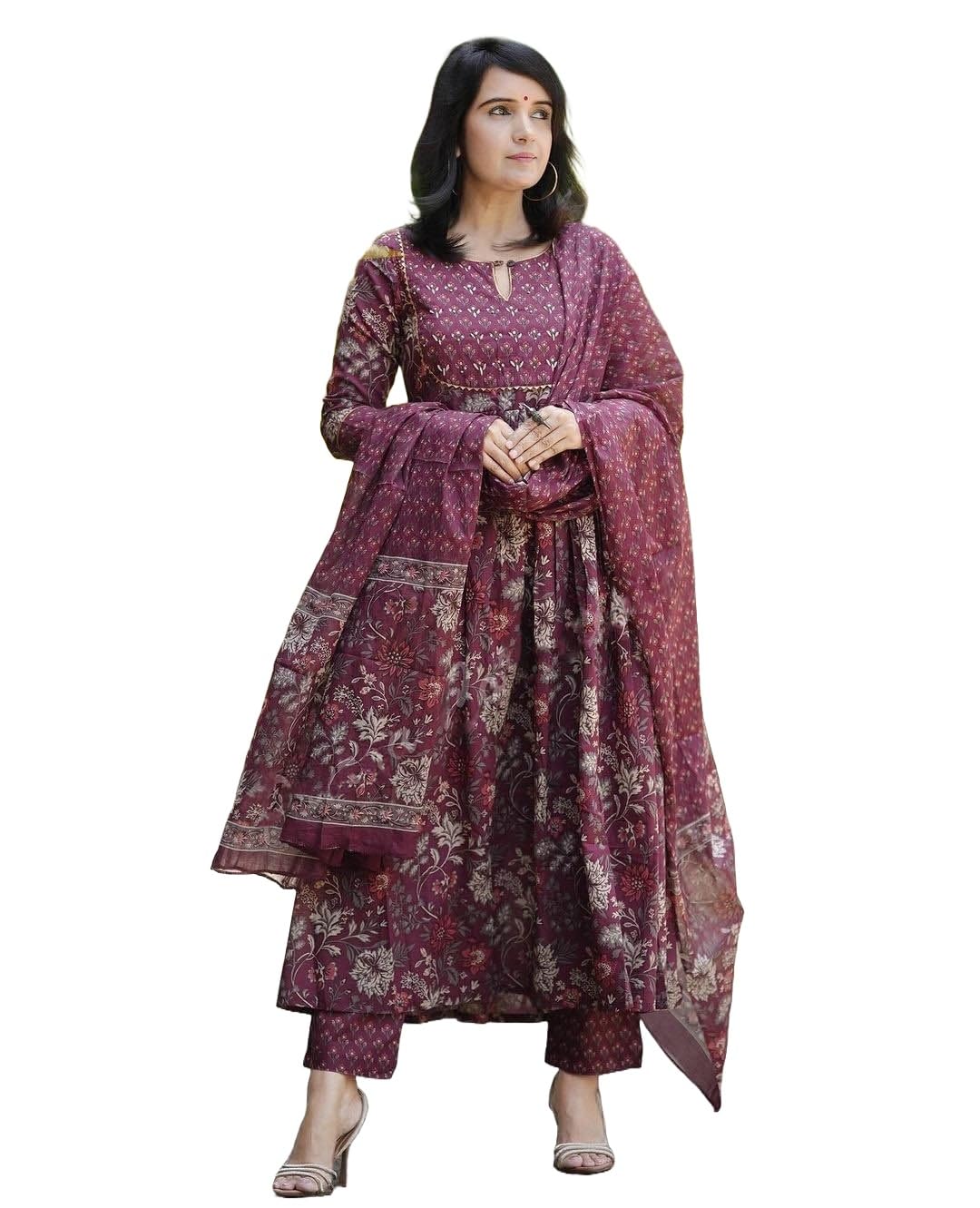 Alvami Maroon Anarkali Kurta Set for Women