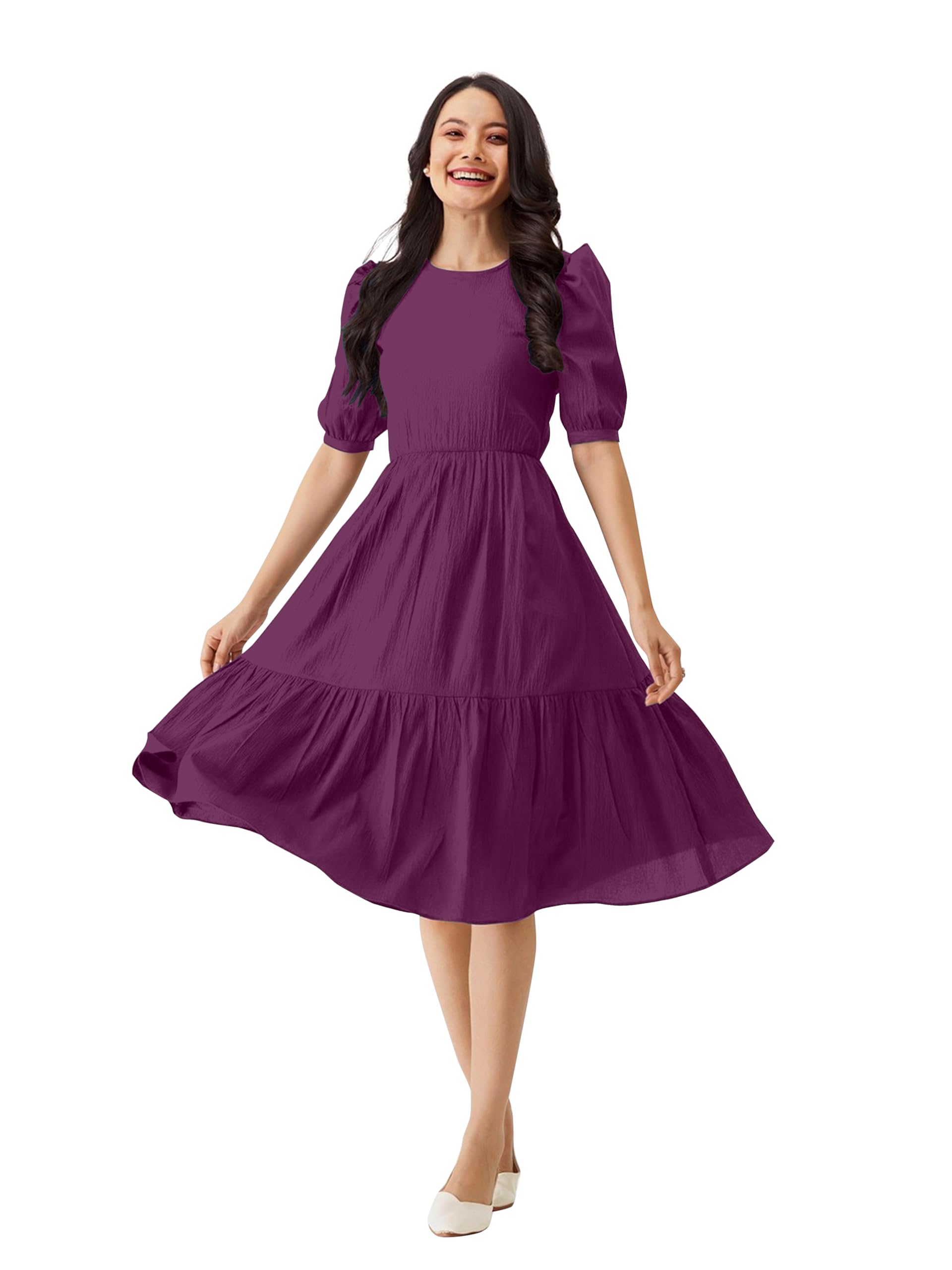 TRENDMALLS Women's Satin Cotton Flared Western Midi Dress - Wine