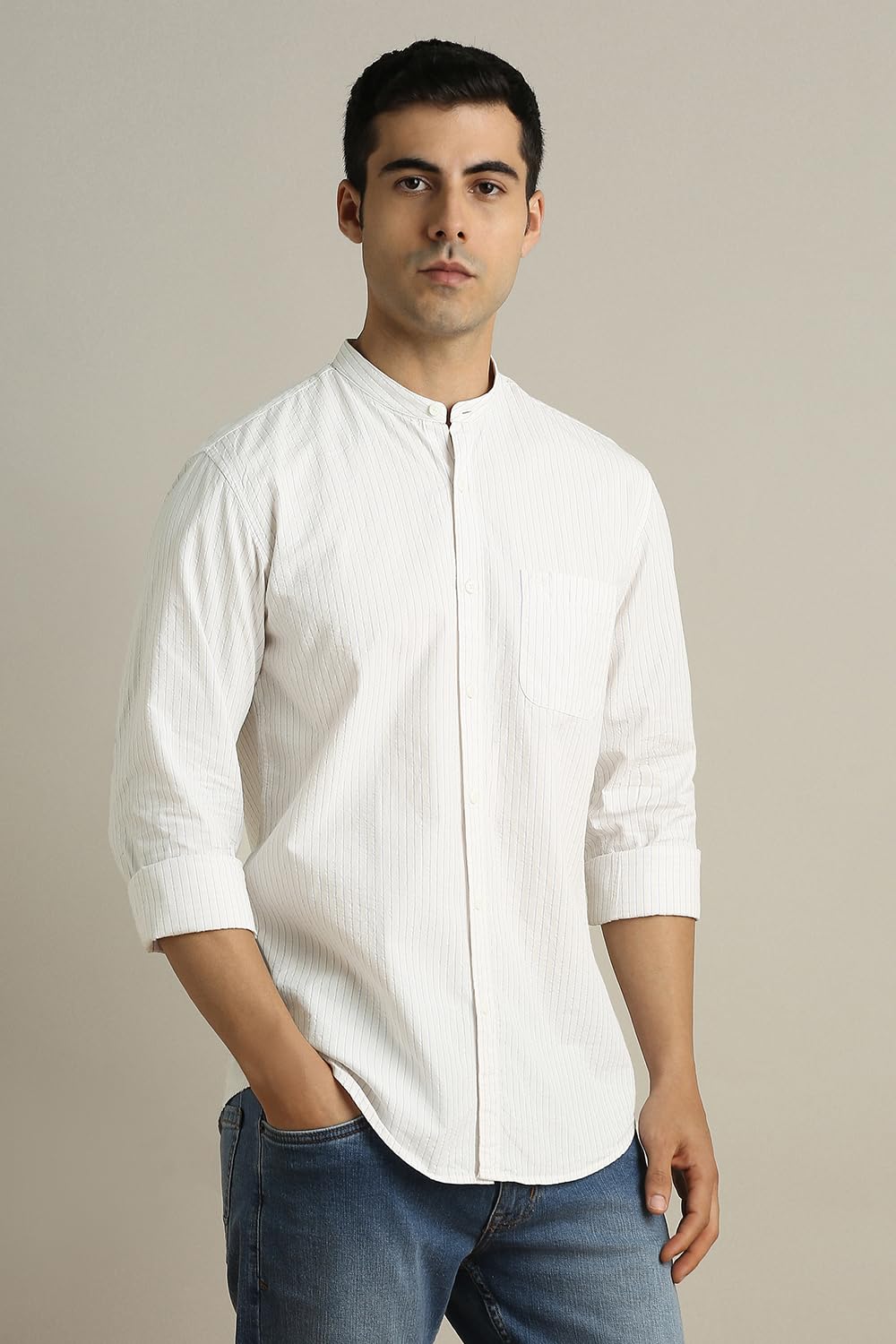 Peter England Men's Slim Fit Shirt - Beige - Image 3