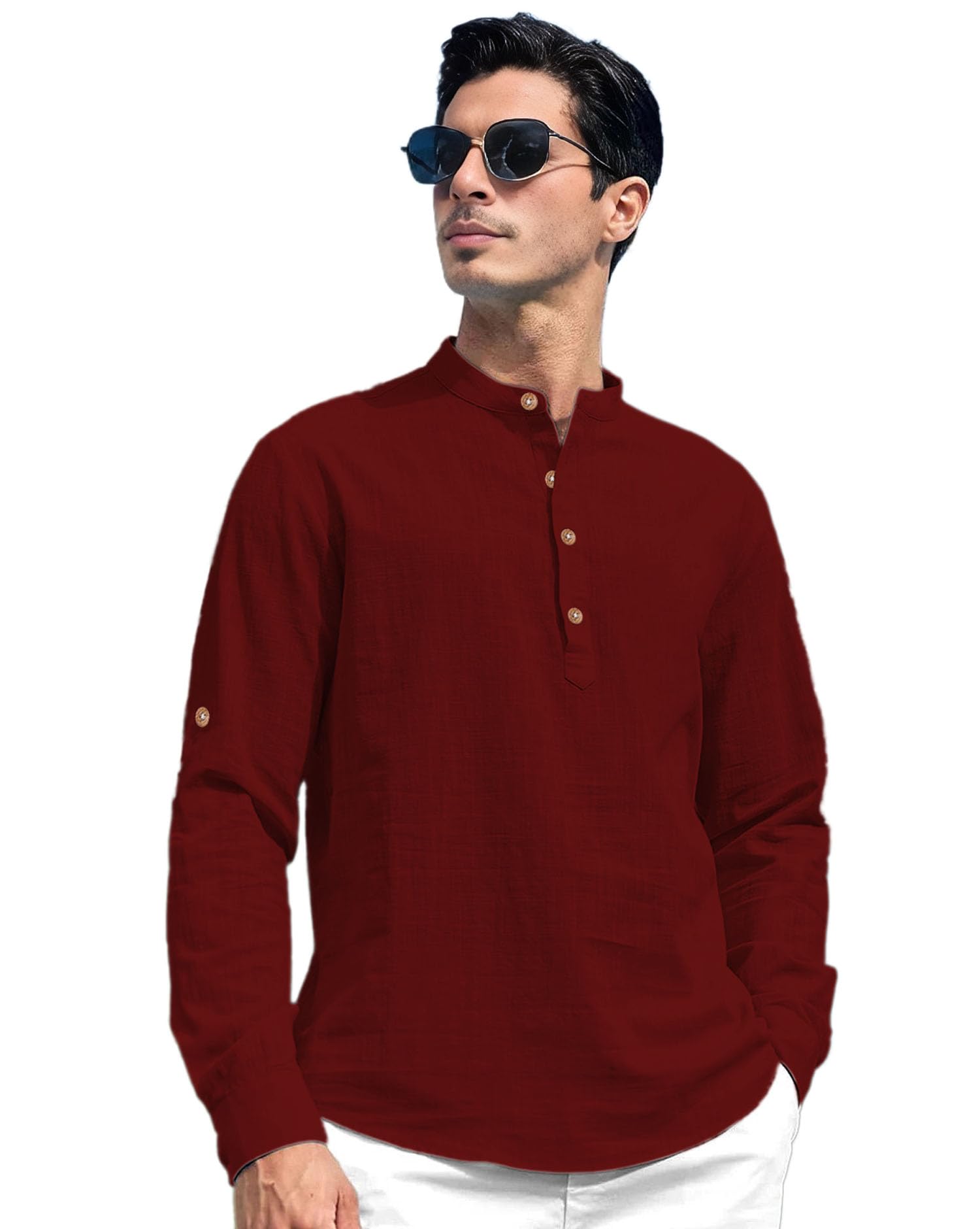 Vida Loca Men Solid Cotton Kurta Shirt - Maroon - Image 2