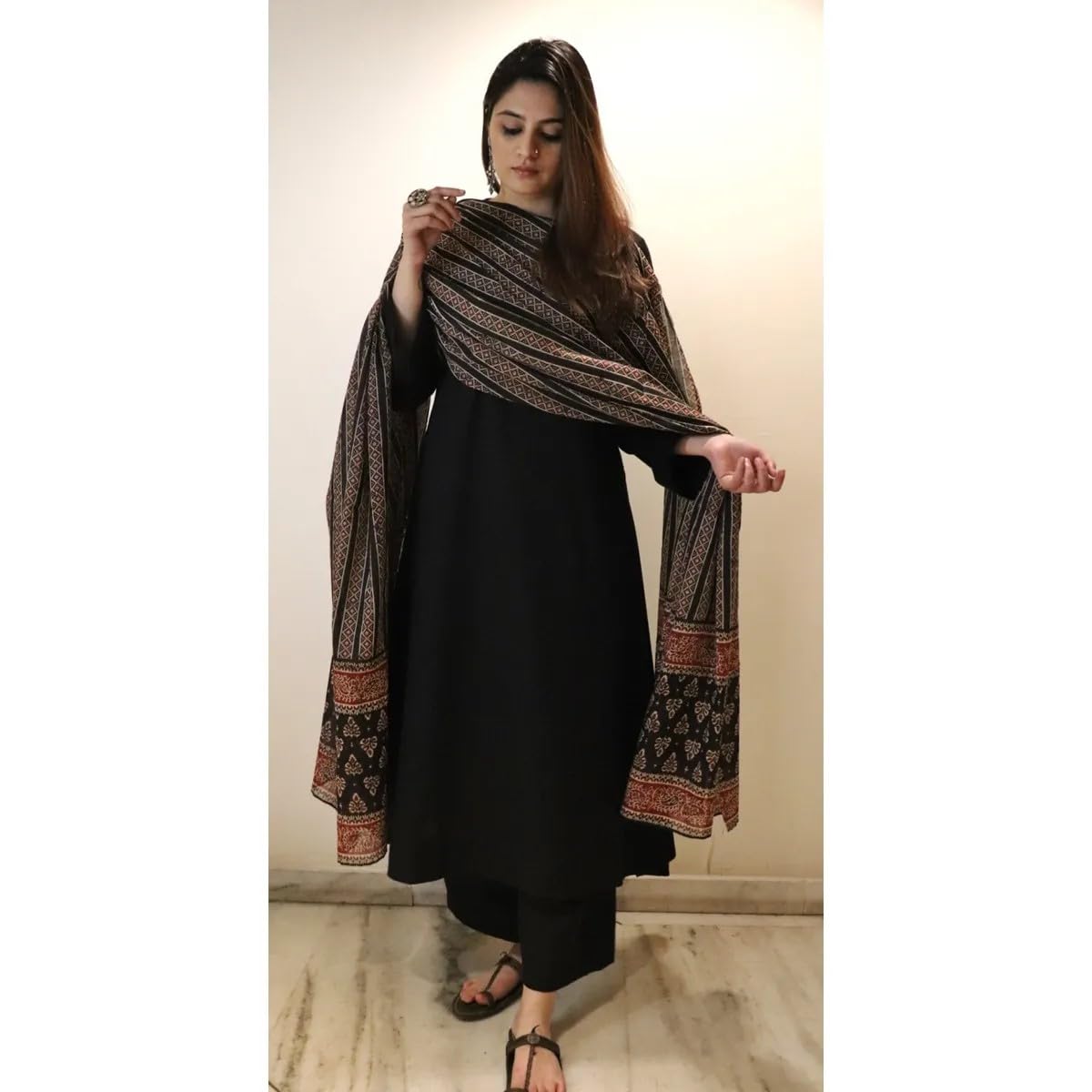 GoSriKi Women's Anarkali Kurta with Pant & Dupatta - Black - Image 3