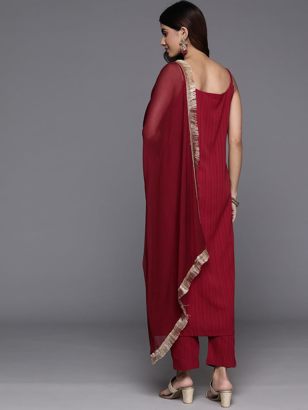 Varanga Women Kurta Paired with Tonal Bottom - Maroon - Image 4