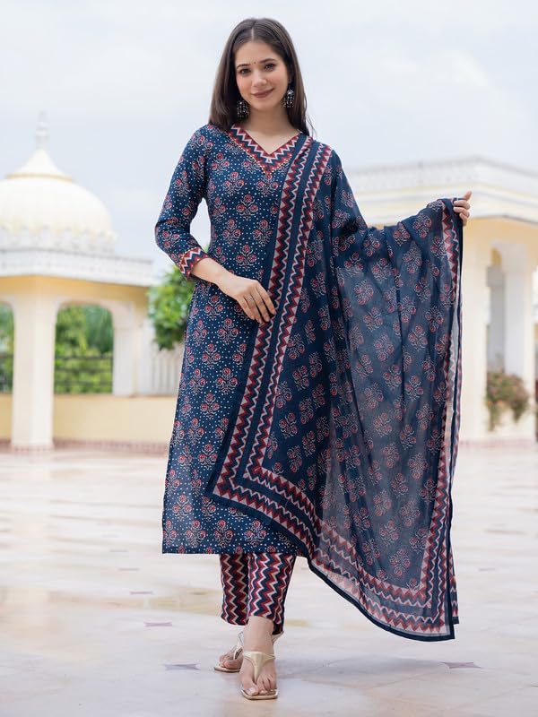Vaamsi Women's Floral Kurta Pant Set - Navy Blue - Image 3