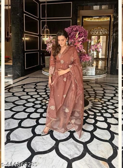 GarbGlide Women's Kurta Set with Dupatta & Bottomwear - Brown - Image 2