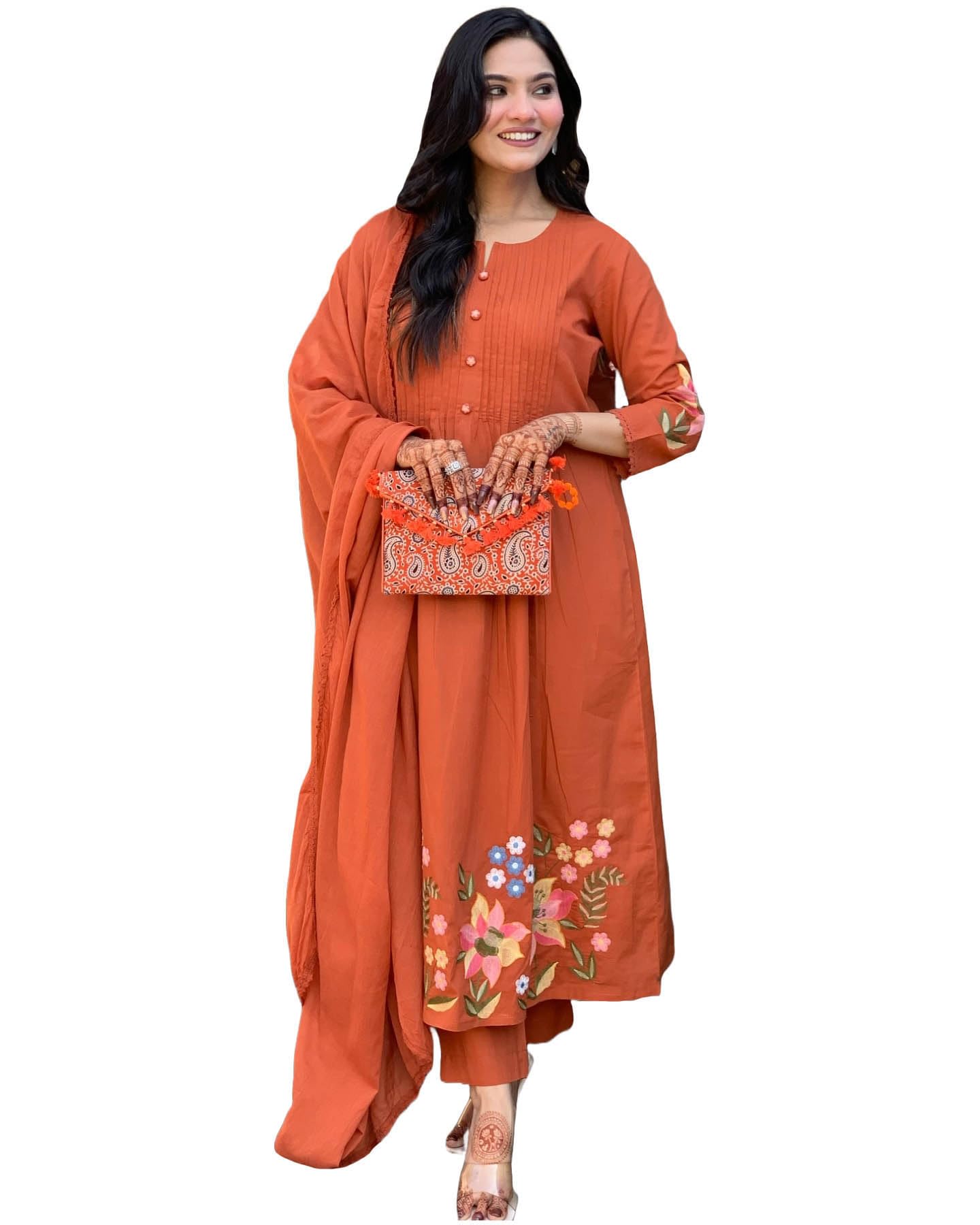 GoSriKi Women's Anarkali Kurta with Pant & Dupatta - Orange