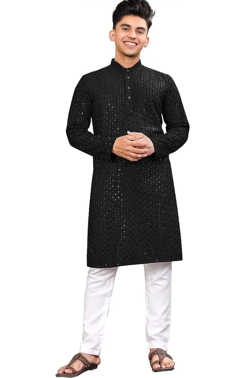 Trustous Men Lucknowi Kurta Black