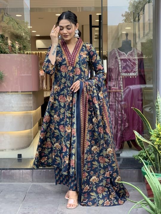 MEERA FAB Women's Cotton Blend Anarkali Kurta - Blue - Image 5