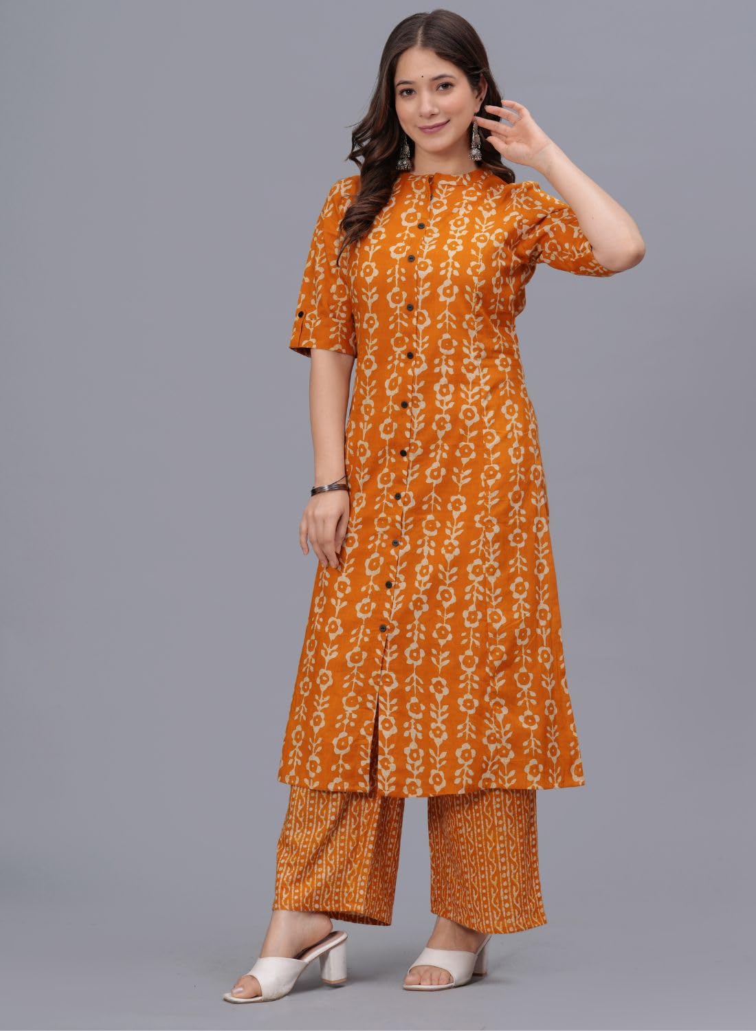 rytras Women's Pure Cotton Printed A-Line Kurta Set - Mustard - Image 3