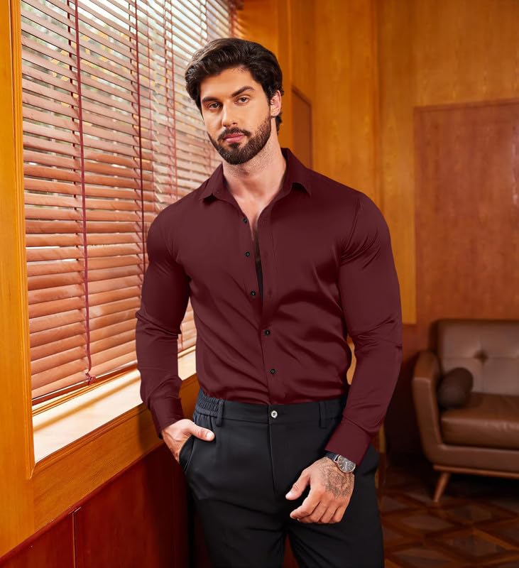 MADHAVISTA Men's Satin Formal Shirt - Maroon - Image 4