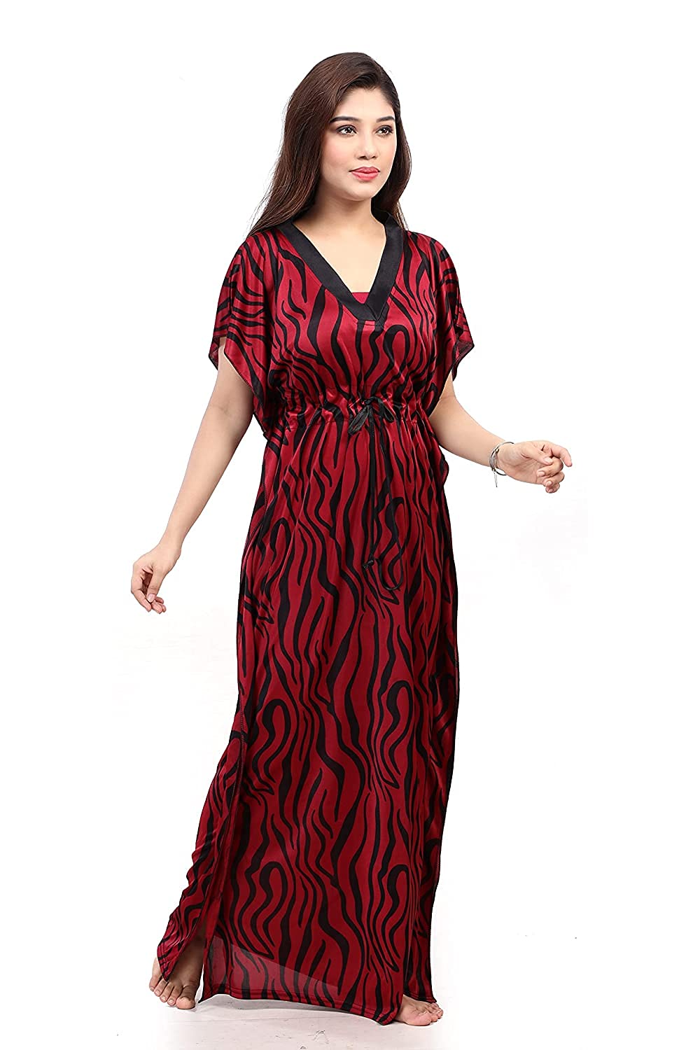 G4Girl Women's Silk Geometric Print Maxi Kaftan Night Gown - Maroon Grey - Image 4