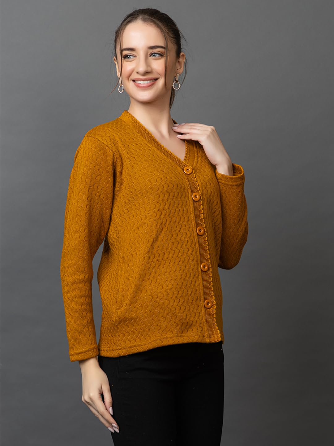 Prashar Women's Woolen V-Neck Cardigan - Gold - Image 4