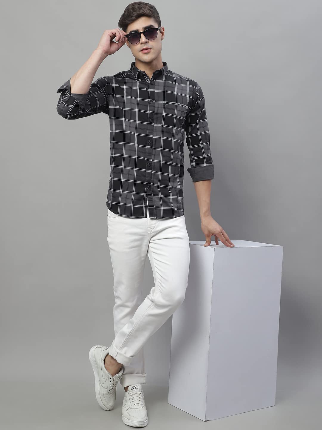 Majestic Man Dark Grey Slim Fit Cotton Casual Check Shirt for Men - Image 4
