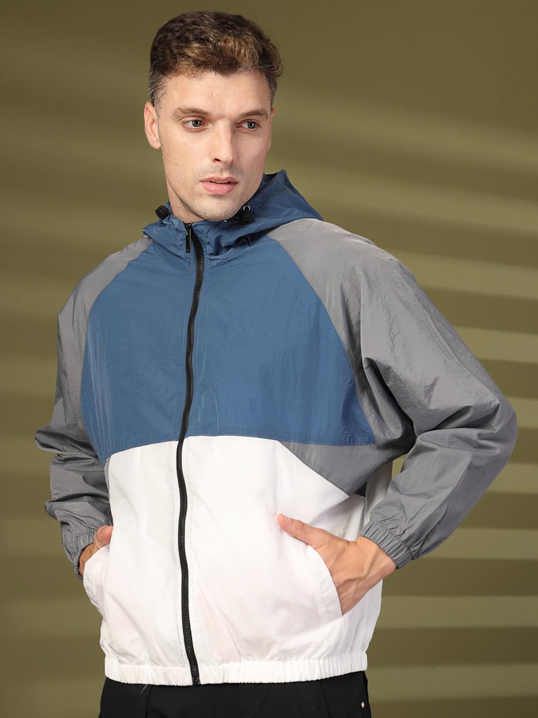CHKOKKO Men's Oversized Windcheater Jacket - Blue White Grey - Image 5