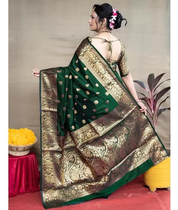 Pervas Women's Banarasi Kanjivaram Silk Saree - Dark Green - Image 3