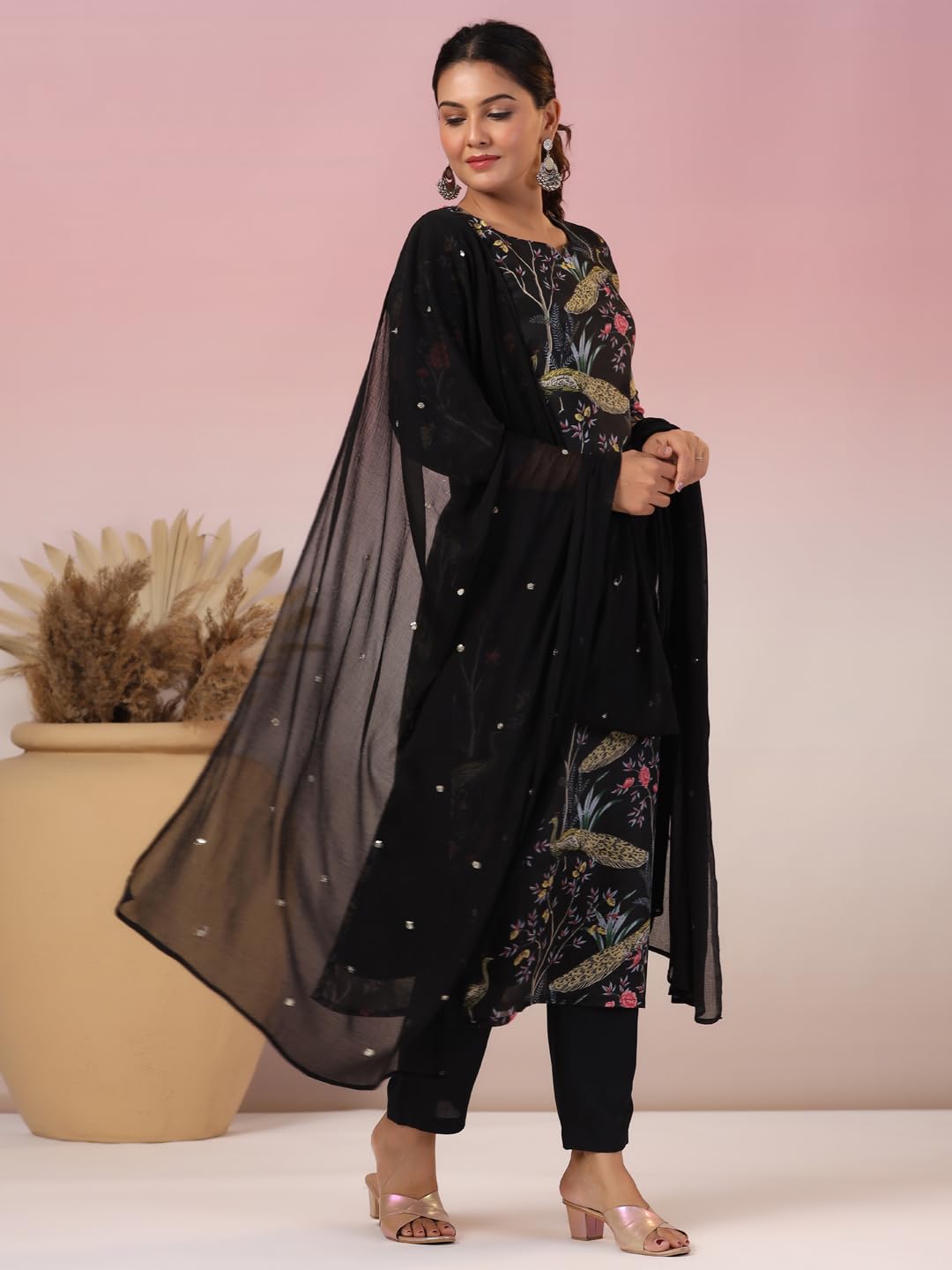 GoSriKi Women's Rayon Blend Printed Kurta with Pant & Dupatta - Black - Image 4