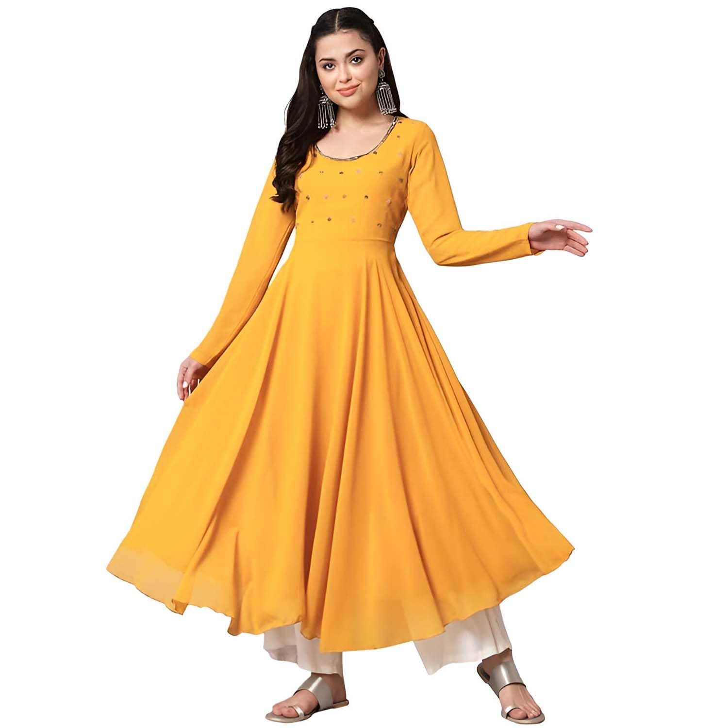 PH POSHAKHUB Women Mustard Yellow Georgette Anarkali
