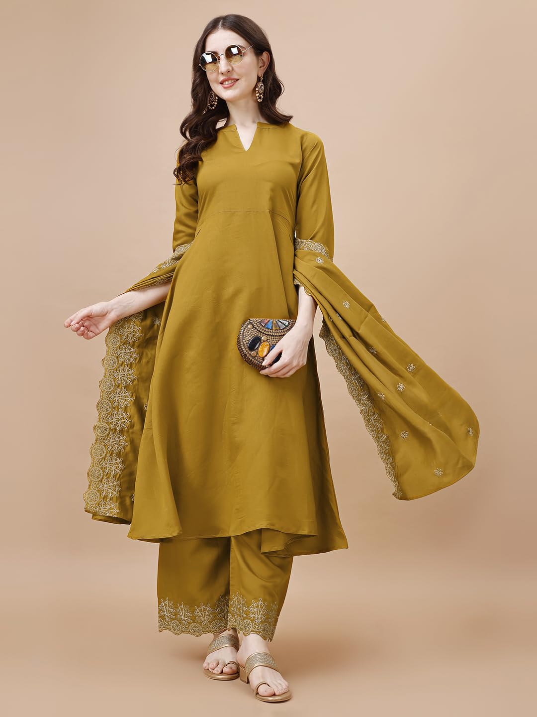 Chanderi Silk Anarkali Kurta Set for Women - Yellow - Image 3