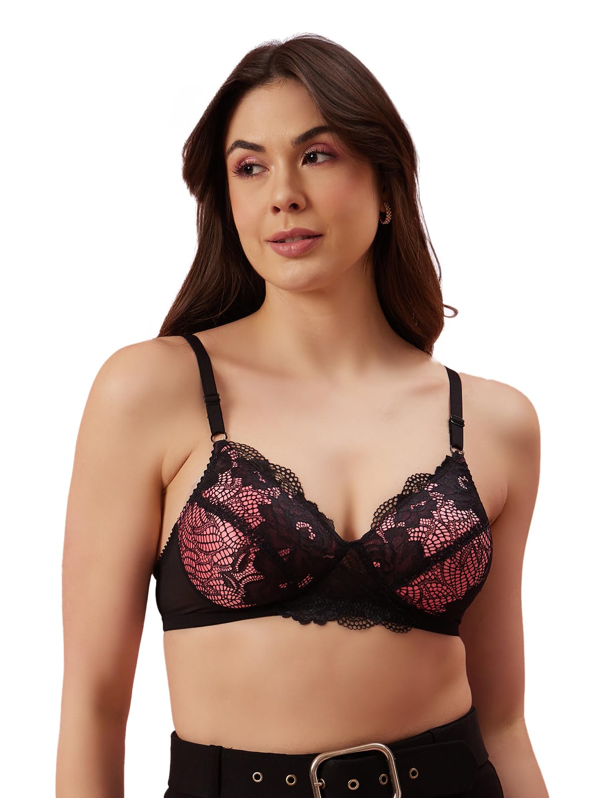 Clovia Women's Lace Padded Wire Free Bra - Black