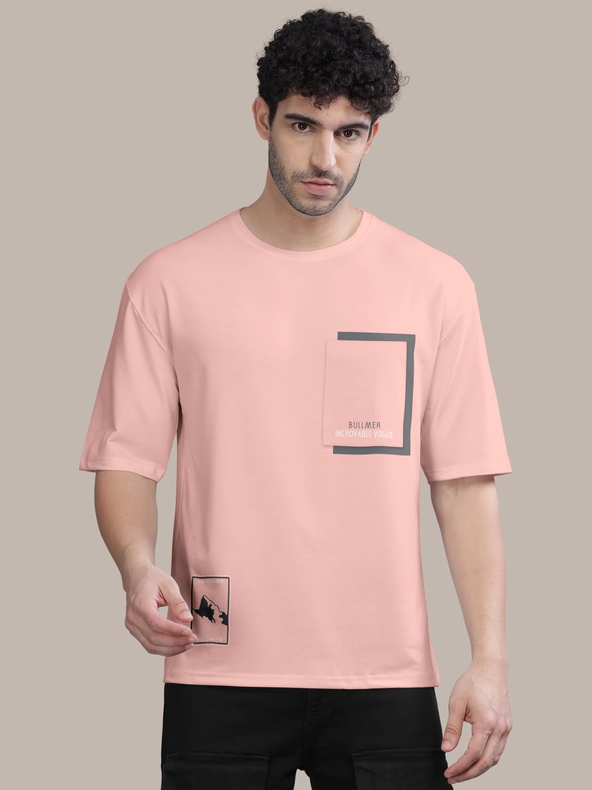 BULLMER Front Printed Round Neck T-shirt for Men - Peach - Image 4