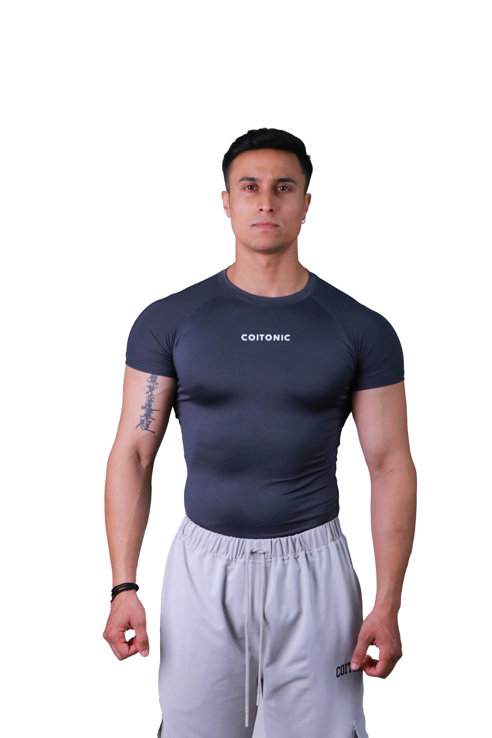 COITONIC Men's Compression Half Sleeves T-Shirt - Dark Grey