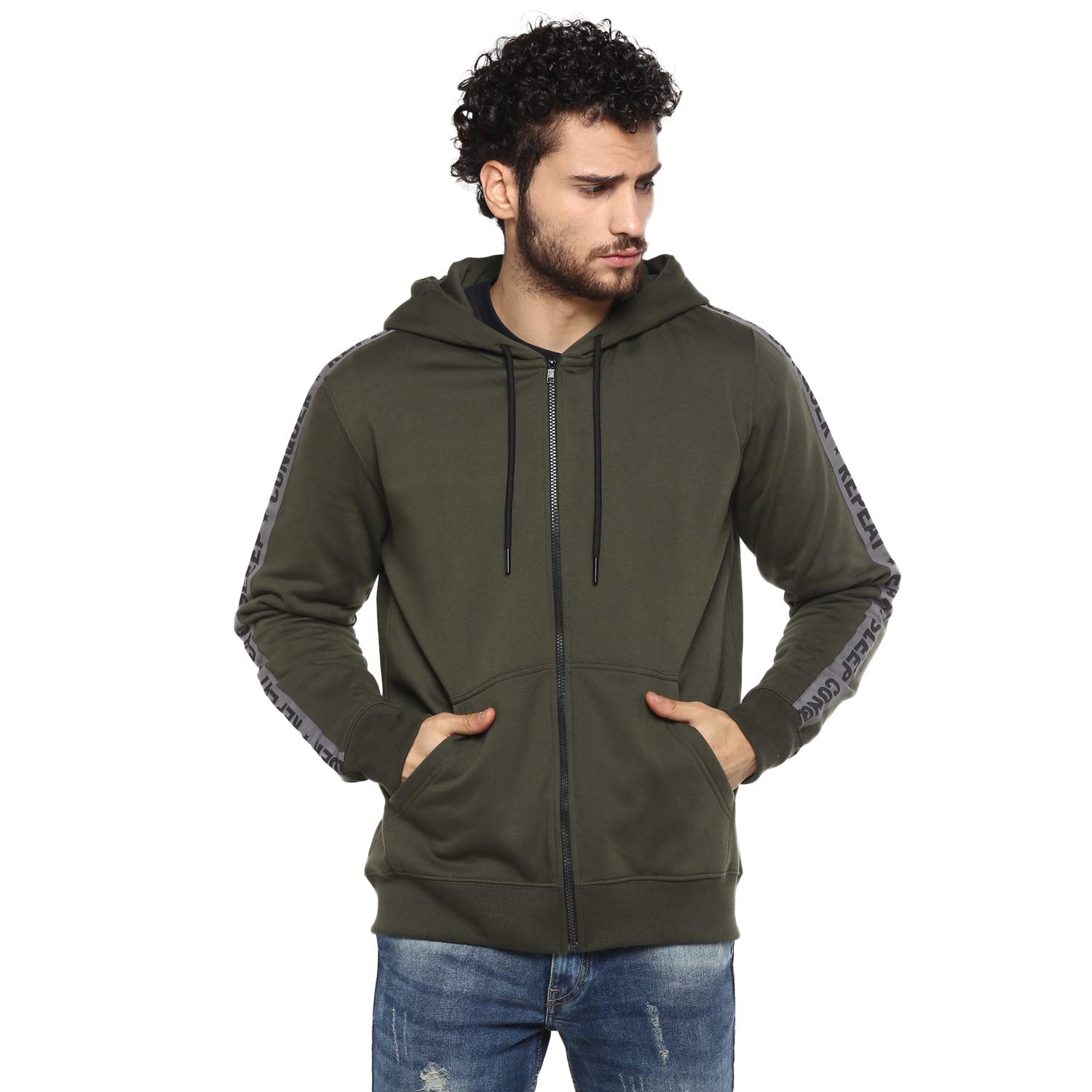 Alan Jones Men Cotton Blend Hooded Sweatshirt - Olive - Image 2