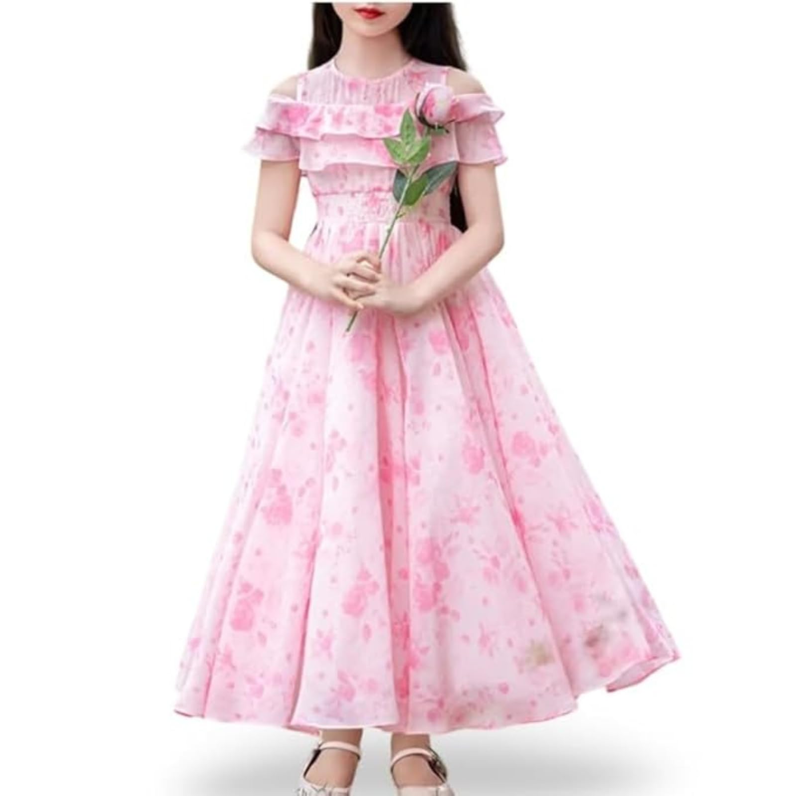 Niren Girls Pink Floral Round Neck Dress
