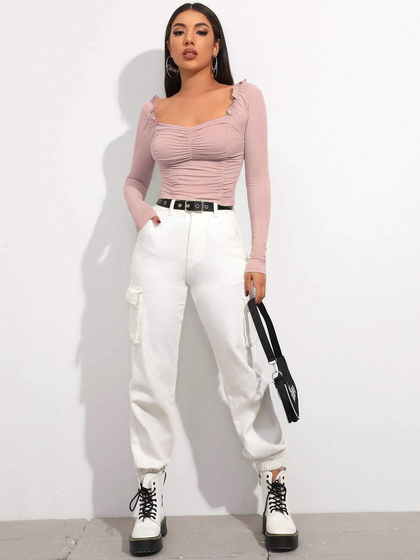 Shasmi Peach Frill Trim Ruched Crop Top for Women - Image 5